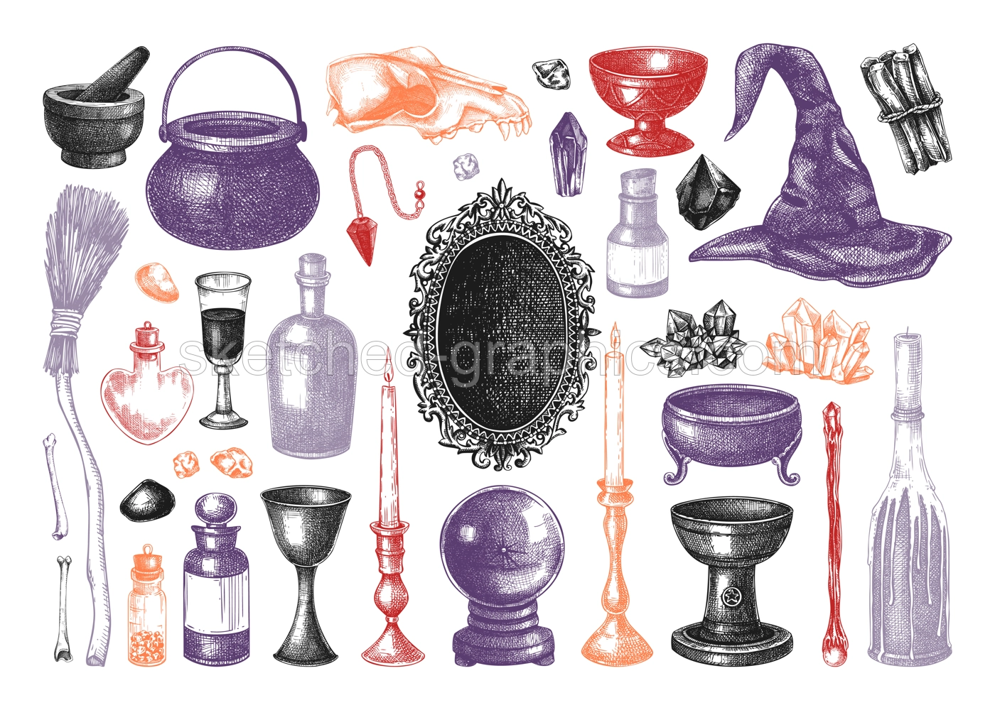 Witchcraft boutique sketches set. Halloween hand-drawn vector illustration. Antique apothecary design elements. Magic icons in color.  NOT AI generated Illustration